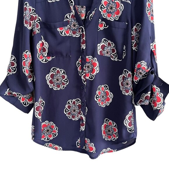 Express Women Size S Portofino Shirt Blouse Button Front Collared Blue Floral - Picture 4 of 12